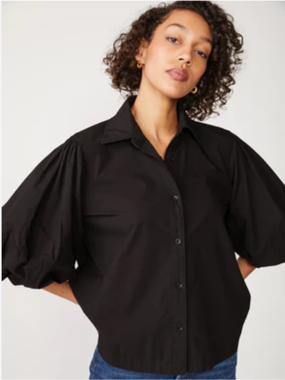 Black Puff-Sleeve Button-Front Blouse